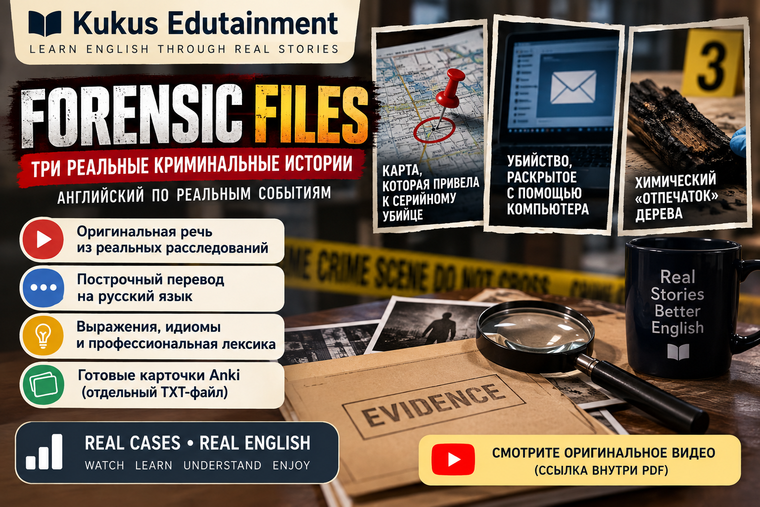 Обложка первого учебного материала Kukus Edutainment по документальному сериалу Forensic Files