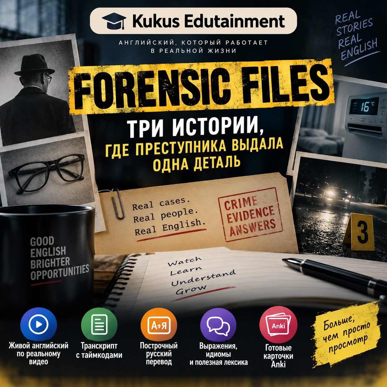 Обложка учебного материала Kukus Edutainment по трём расследованиям из Forensic Files