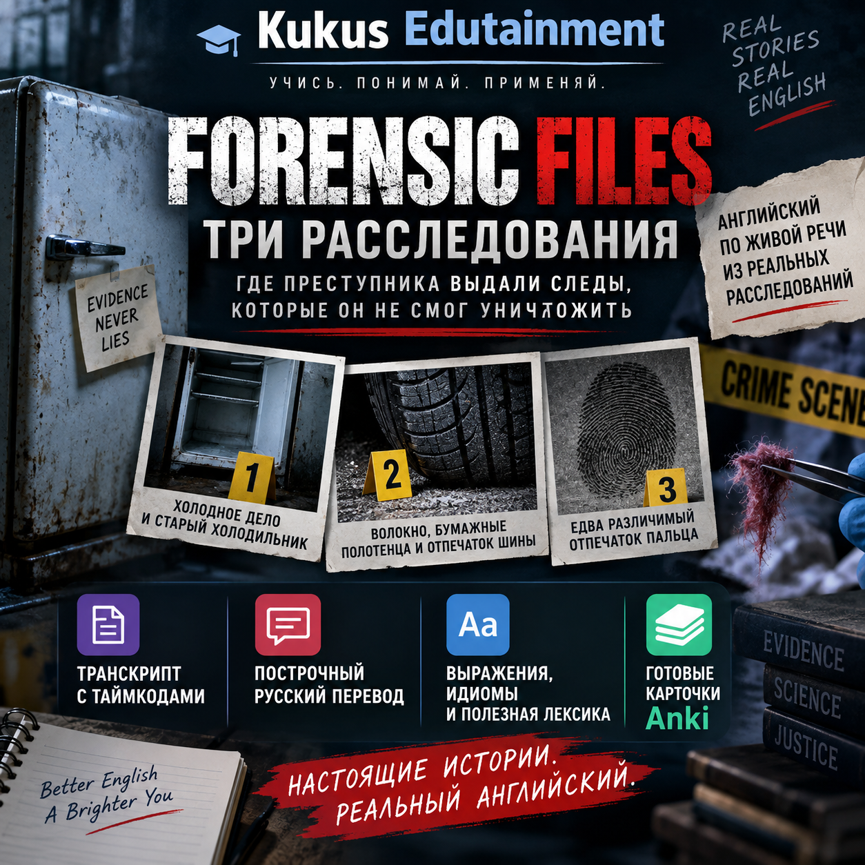 Обложка учебного материала Kukus Edutainment по английскому языку на основе трех выпусков Forensic Files