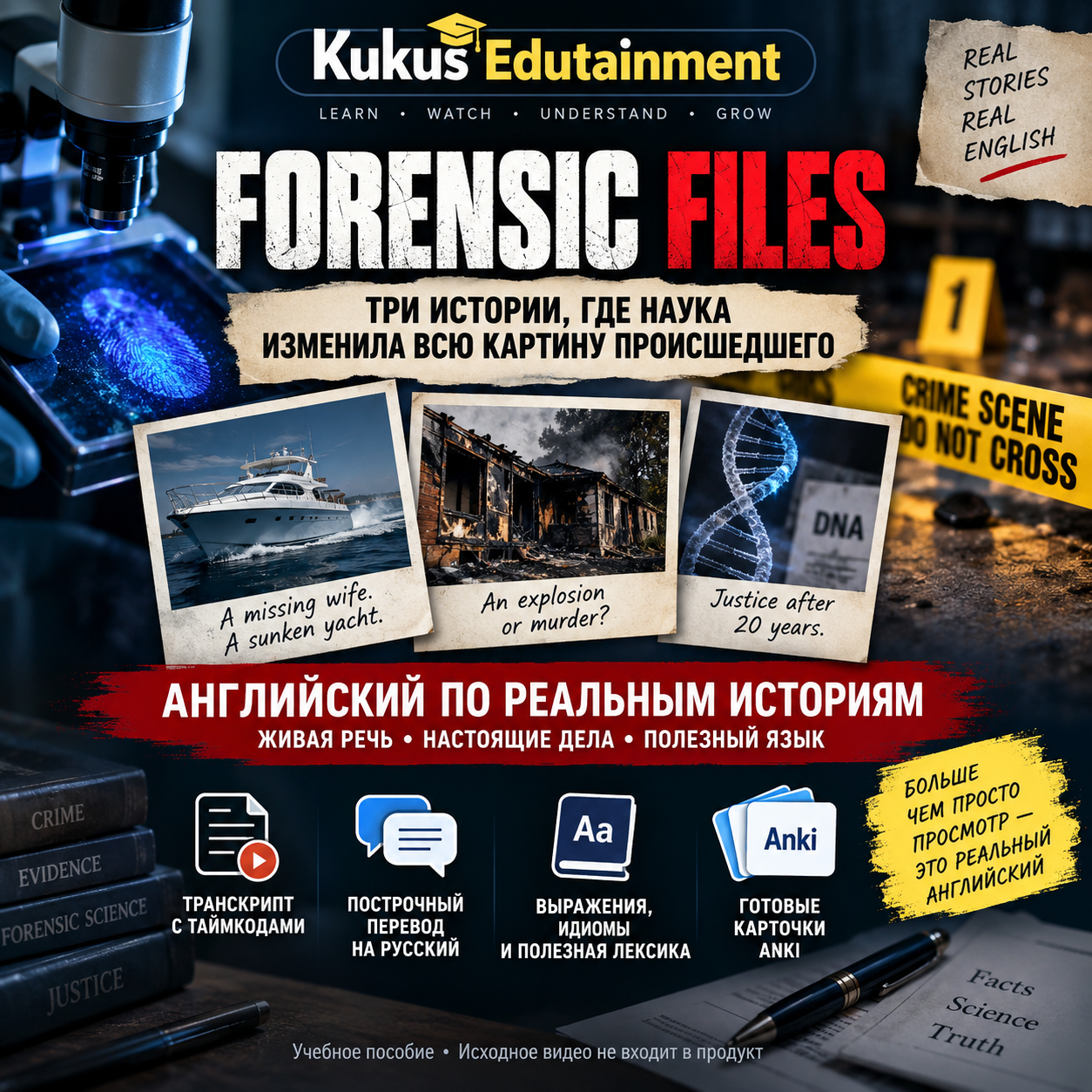 Обложка учебного материала Kukus Edutainment по трём выпускам Forensic Files