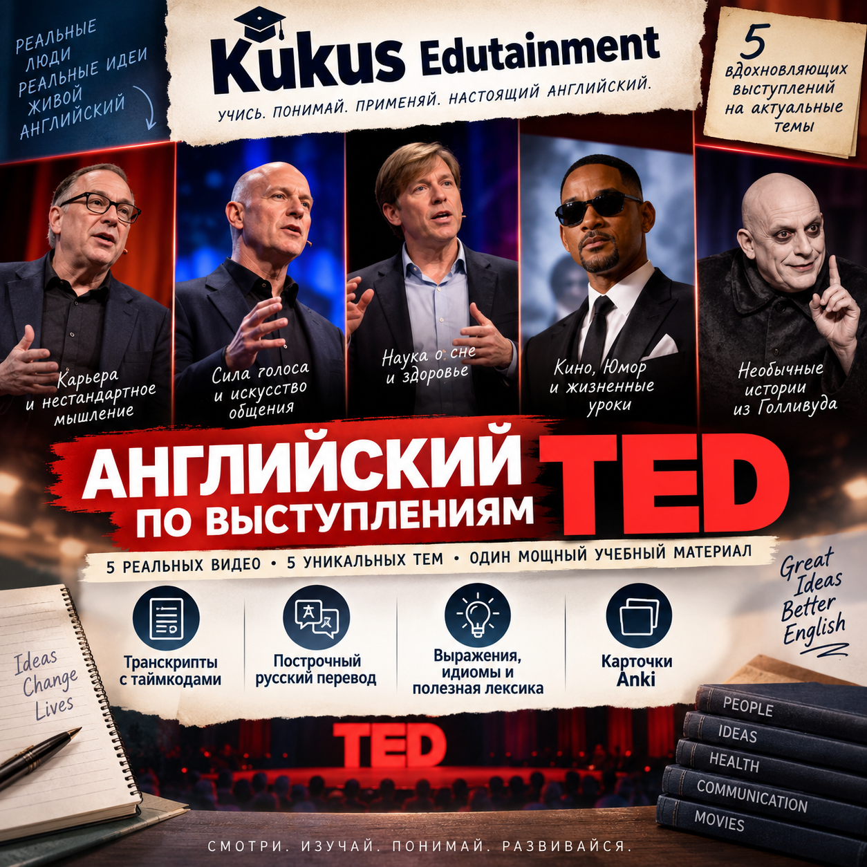Учебный материал Kukus Edutainment по пяти выступлениям TED