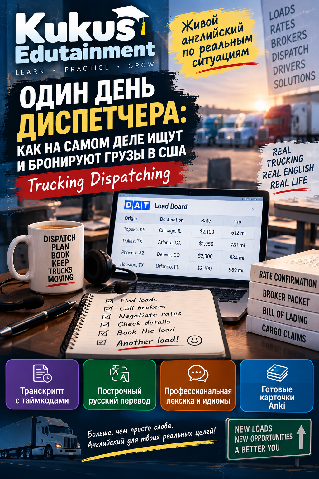 Учебный материал Kukus Edutainment об английском языке в работе американского trucking dispatcher