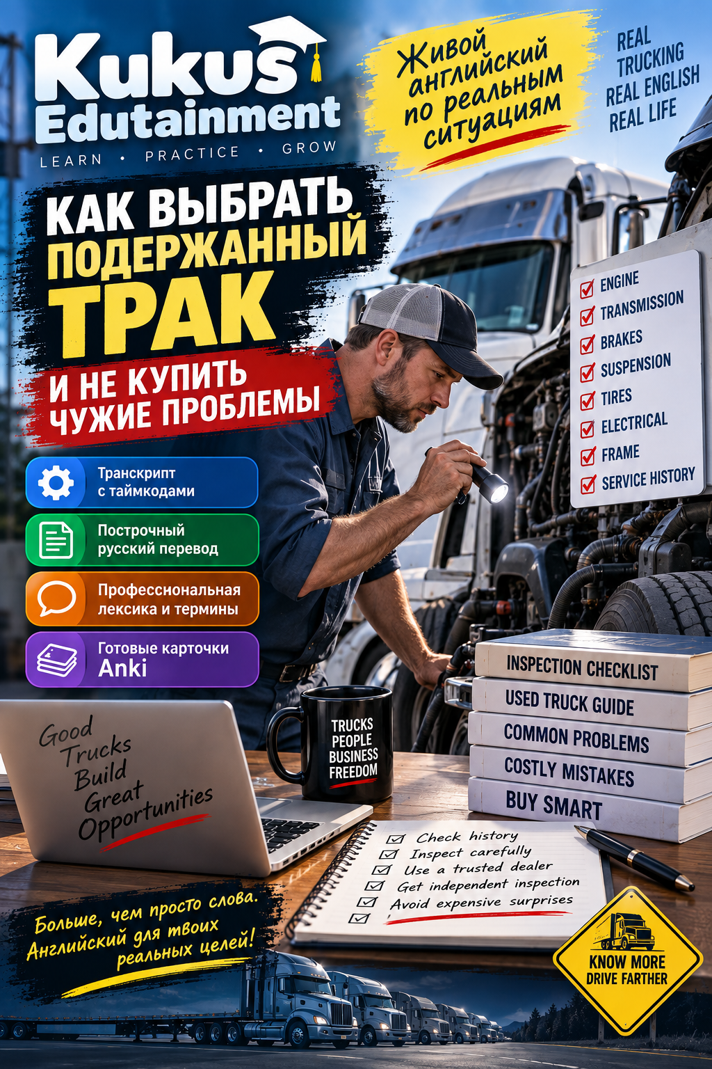 Учебный материал Kukus Edutainment по английскому для тракеров: осмотр подержанного semi-truck перед покупкой