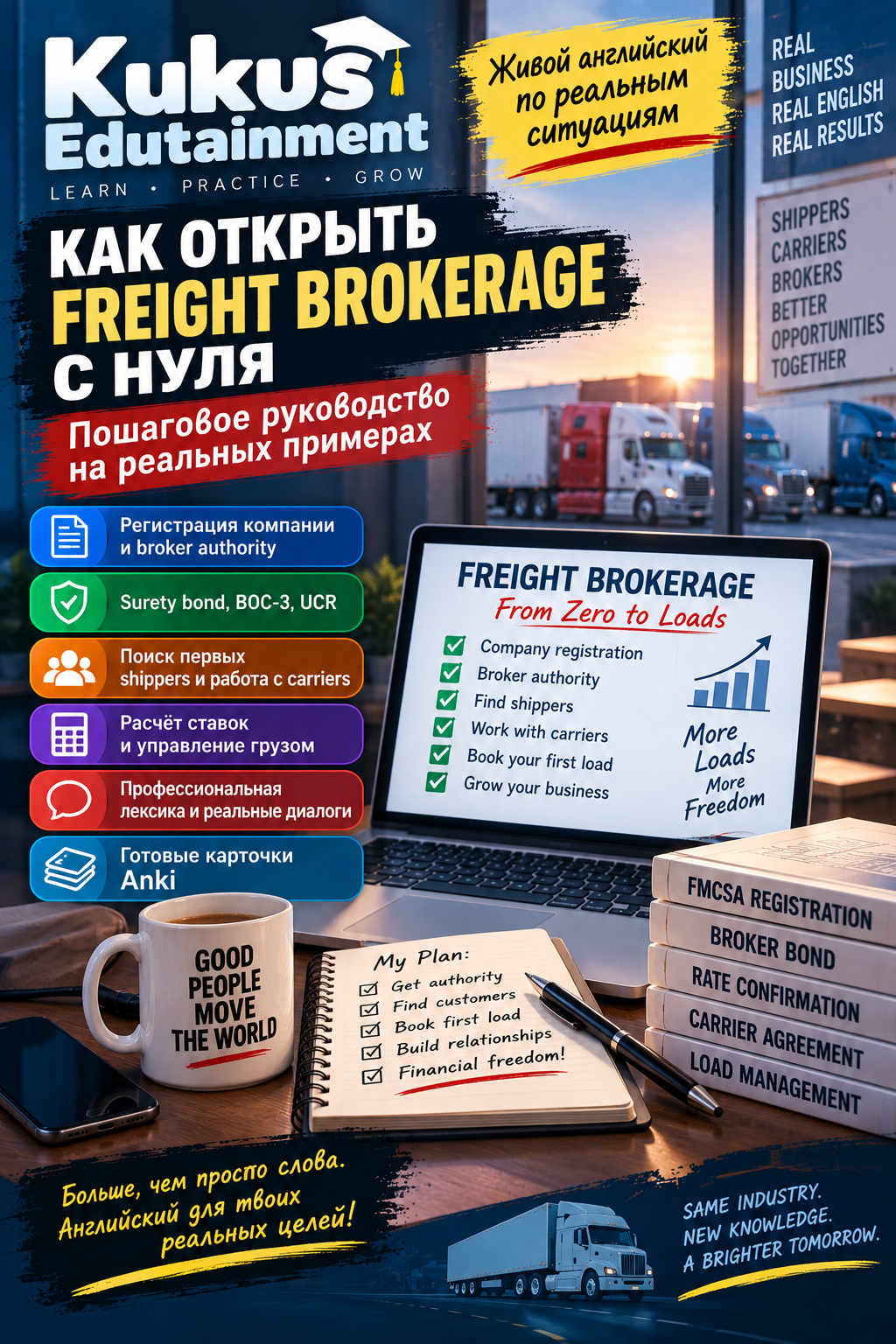 Обложка учебного материала Kukus Edutainment об английском языке в сфере freight brokerage
