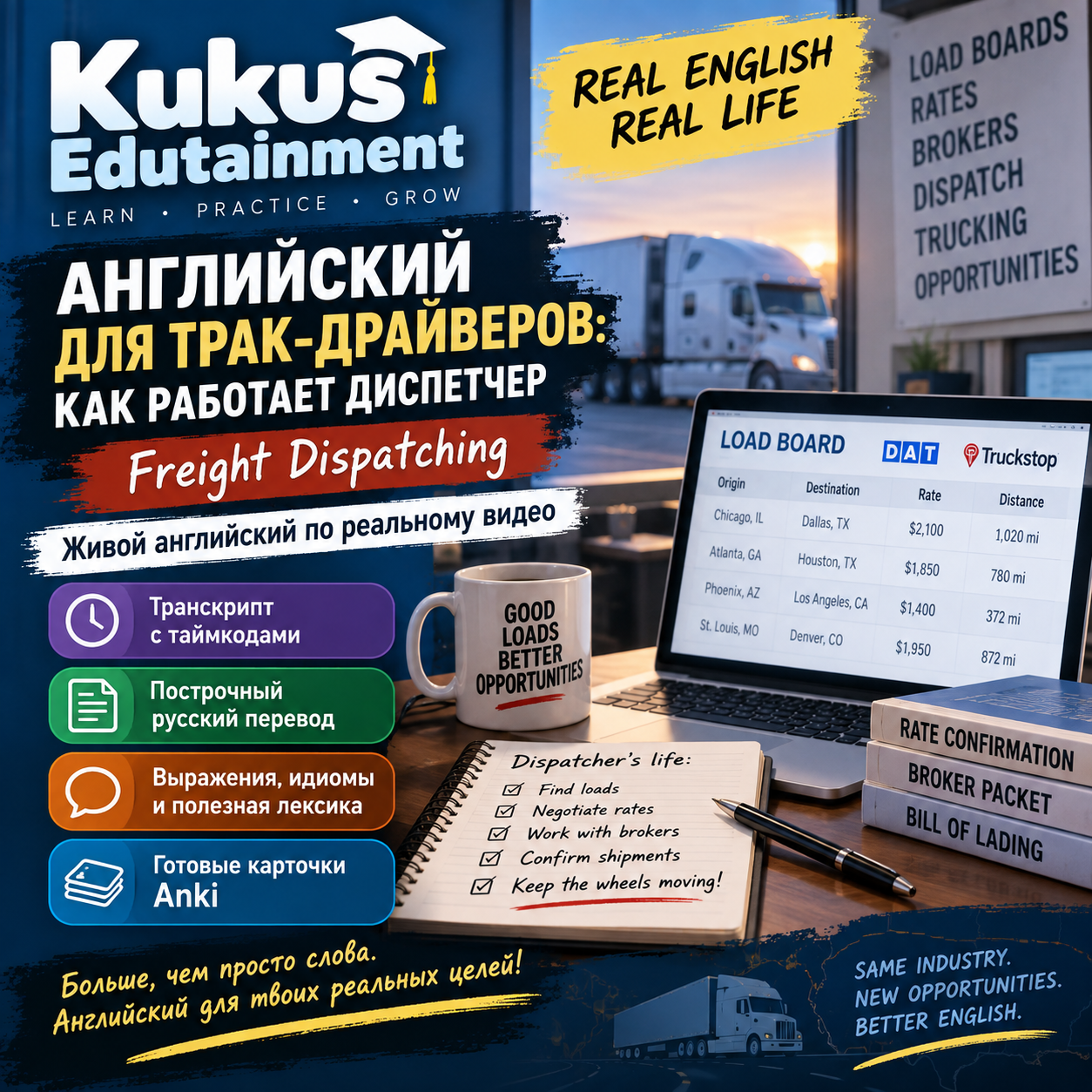 Учебный материал Kukus Edutainment по профессиональному английскому для трак-драйверов и freight dispatching